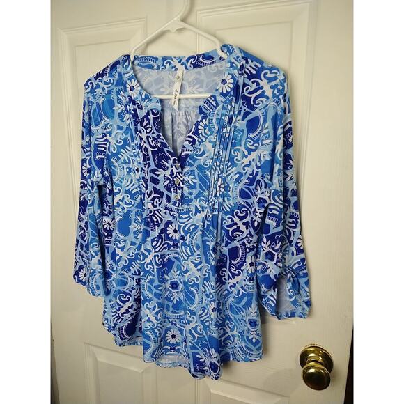 Ny Collection Blouse *M* Blue White Floral Abstract V Neck Roll Tab Sleeve - Picture 2 of 10